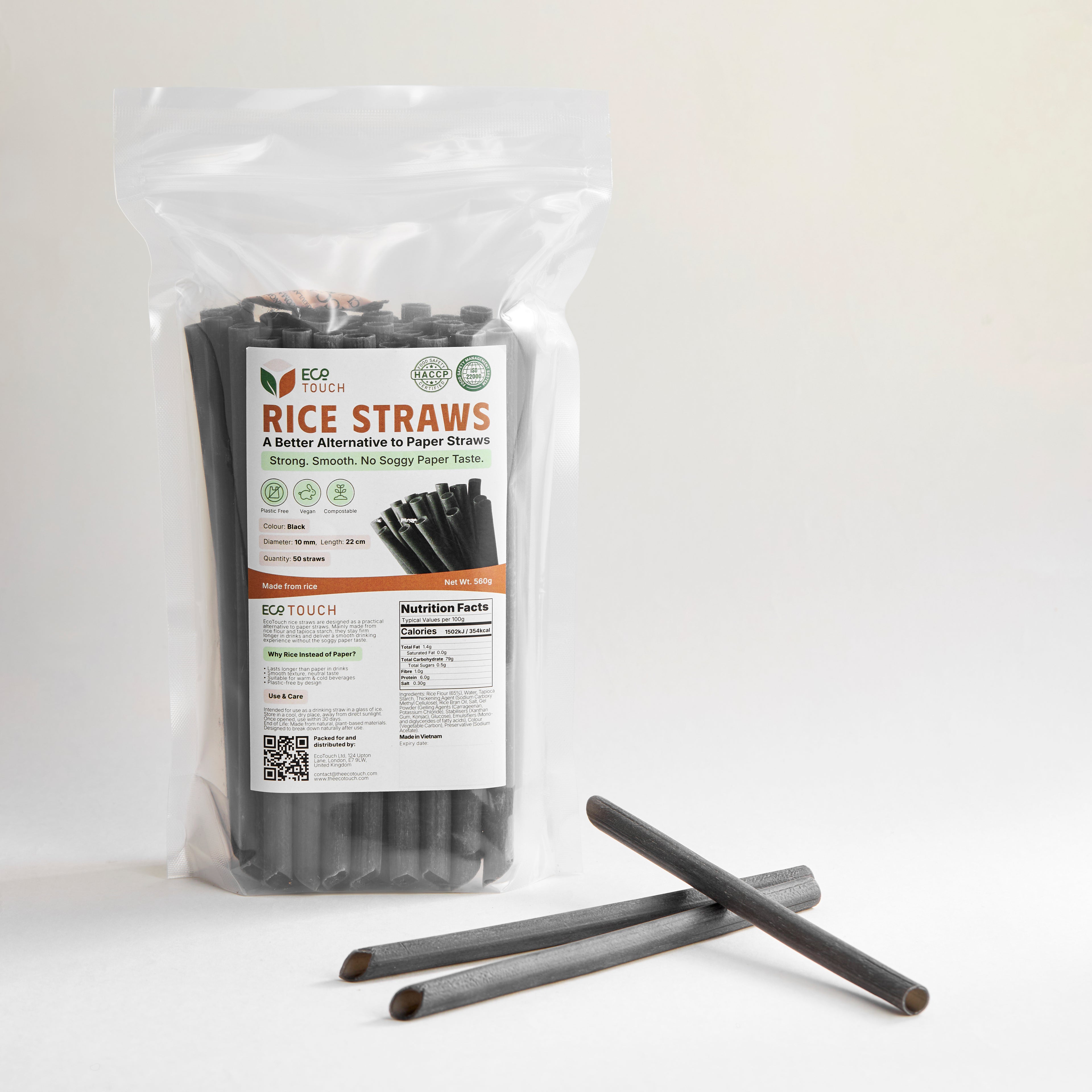 EcoTouch Black Rice Straws — 10mm × 22cm (50 Pack)