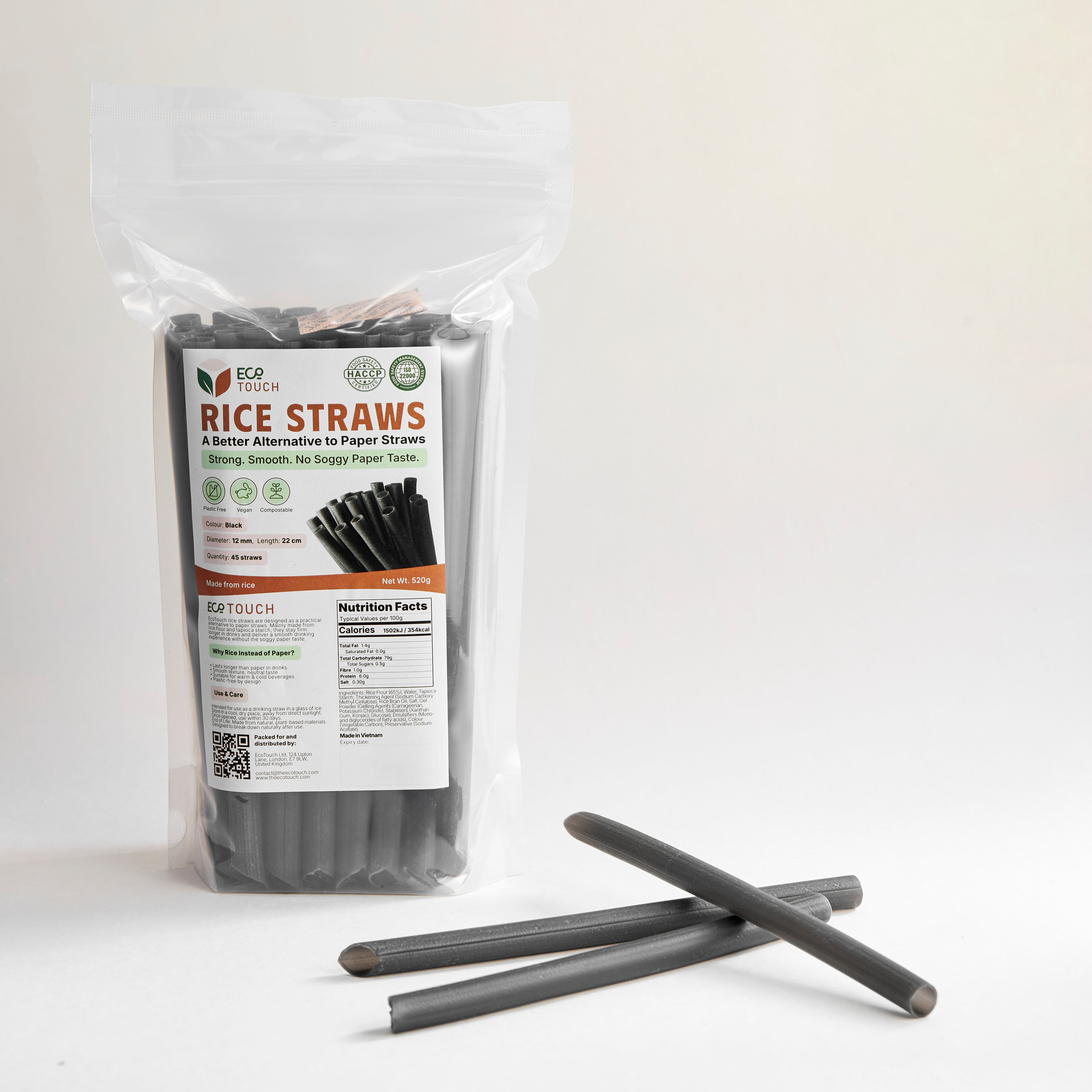 EcoTouch Black Rice Straws — 12mm × 22cm (45 Pack)