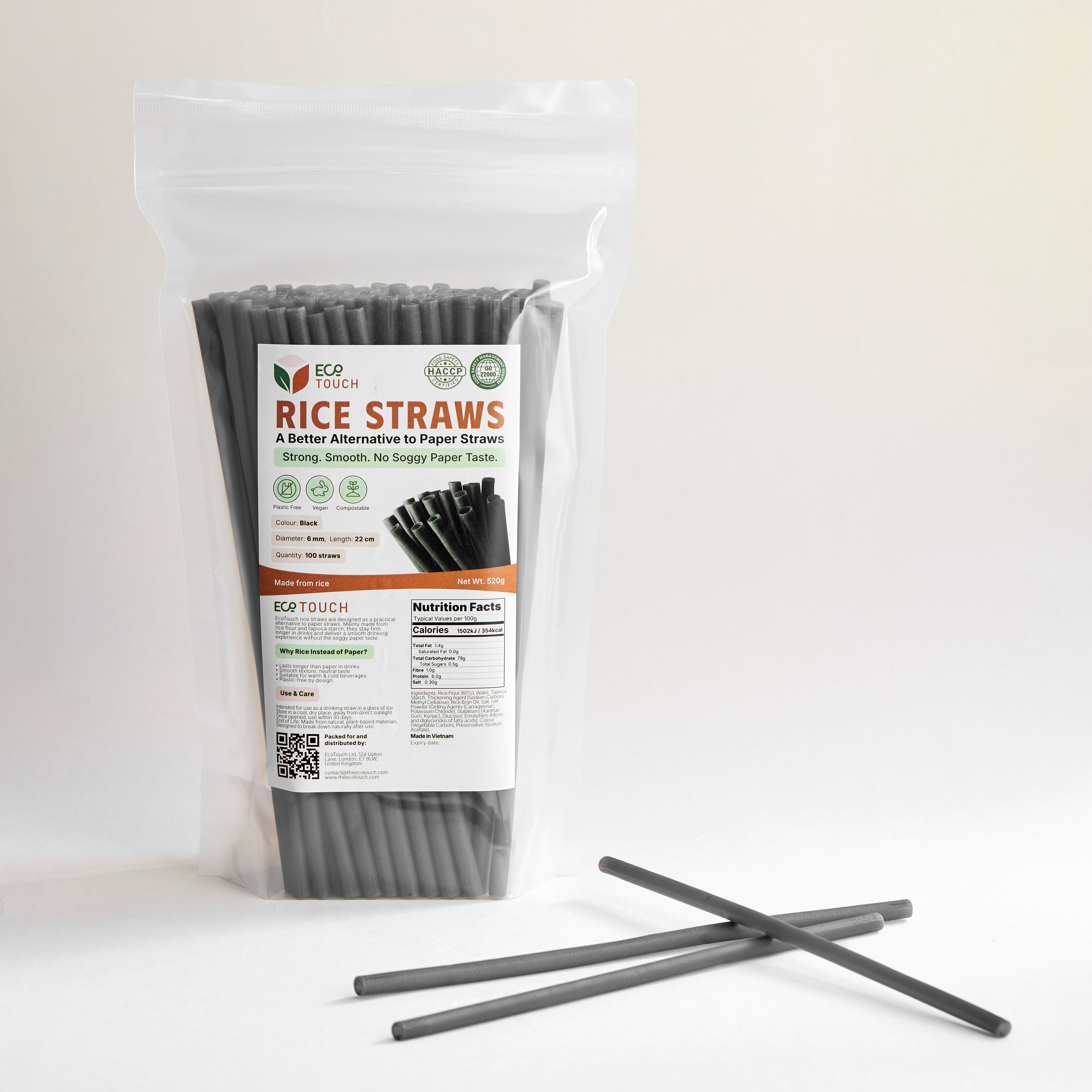 EcoTouch Black Rice Straws — 6mm × 22cm (100 Pack)