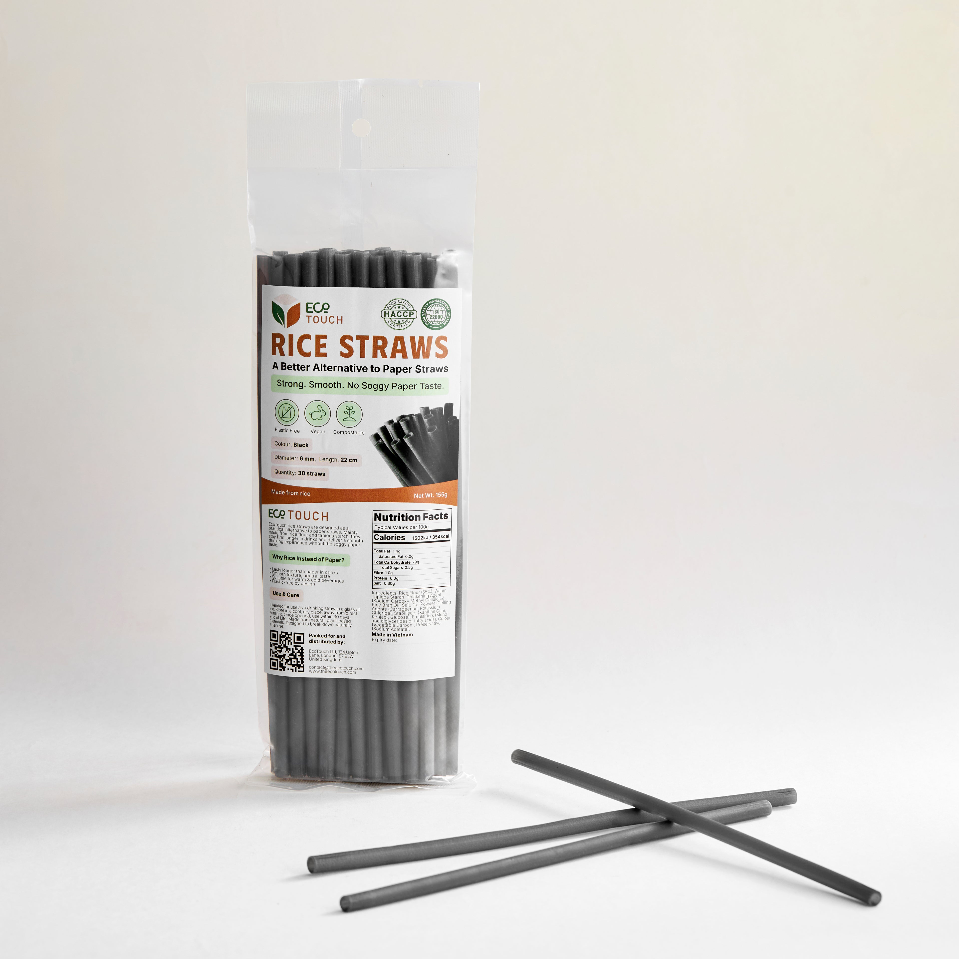 EcoTouch Black Rice Straws — 6mm × 22cm (30 Pack)