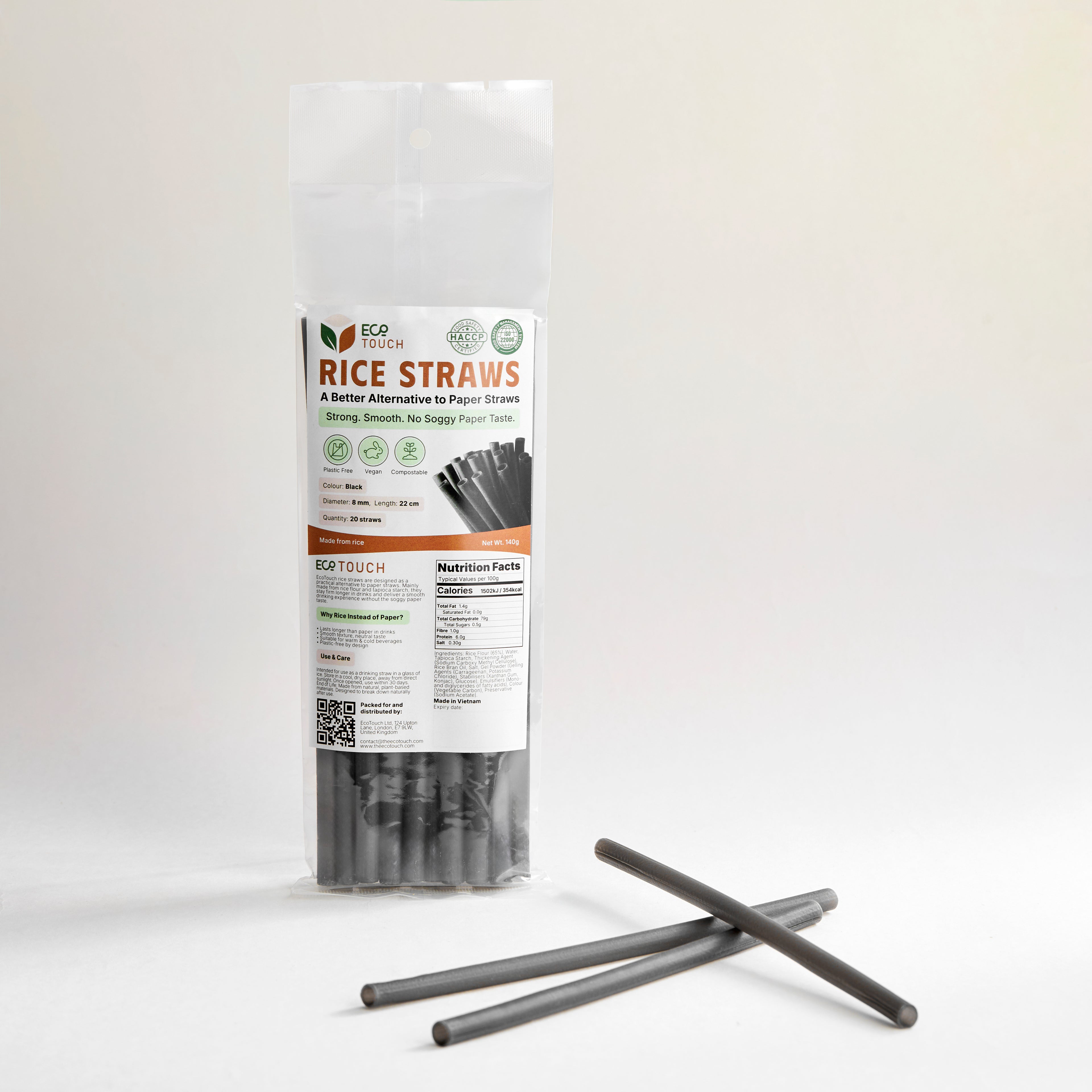 EcoTouch Black Rice Straws — 8mm × 22cm (20 Pack)