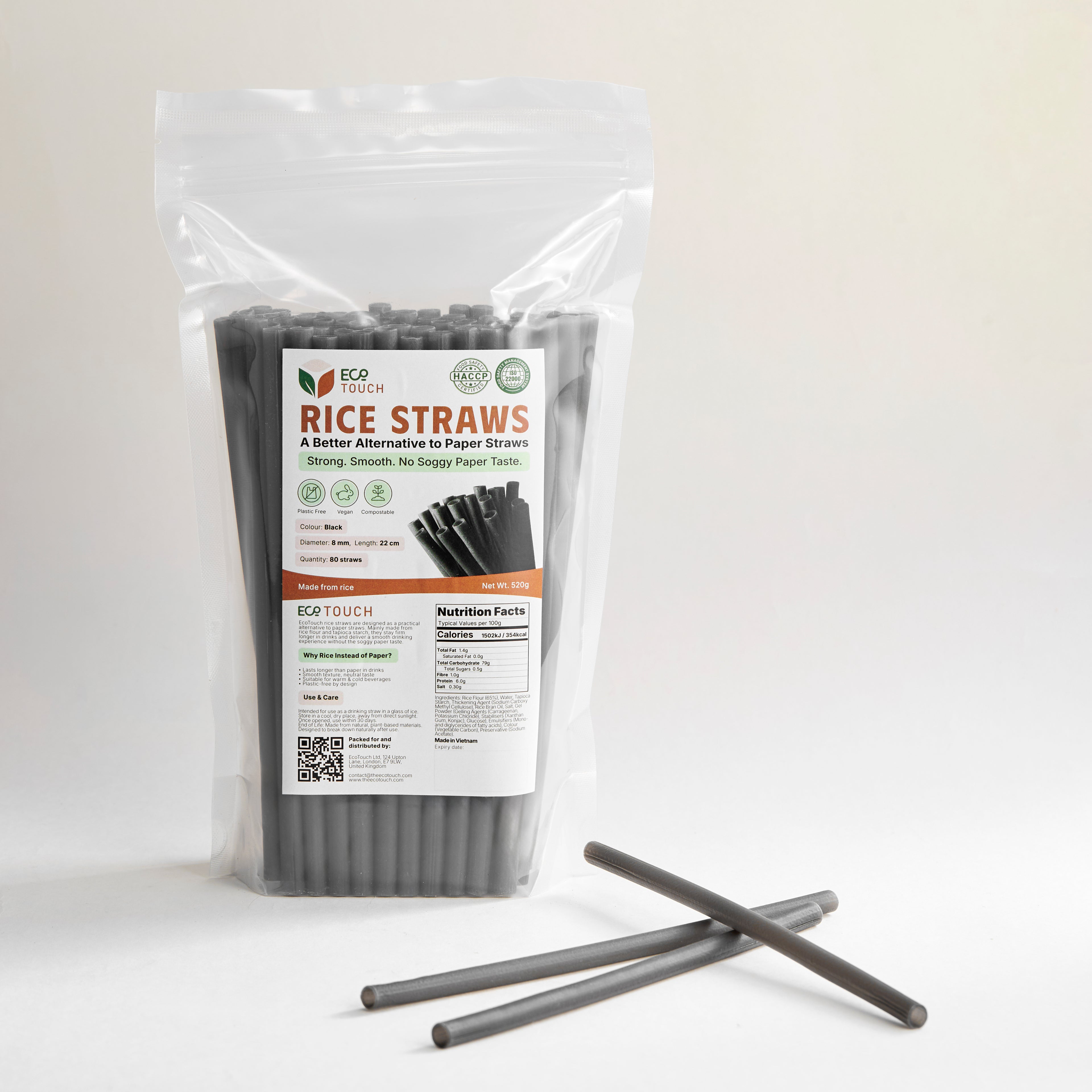 EcoTouch Black Rice Straws — 8mm × 22cm (80 Pack)