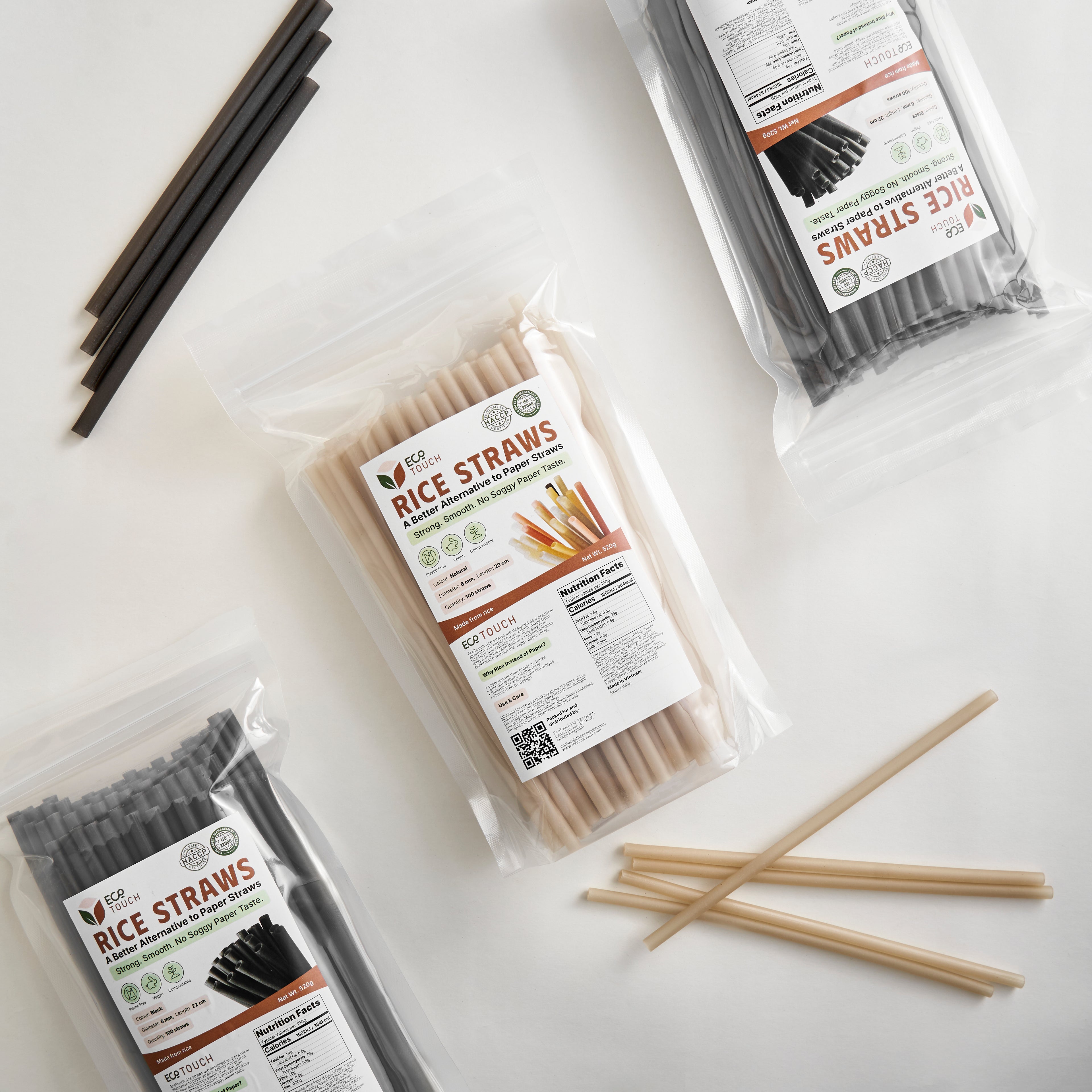 EcoTouch Natural Rice Straws — 12mm × 22cm (45 Pack)