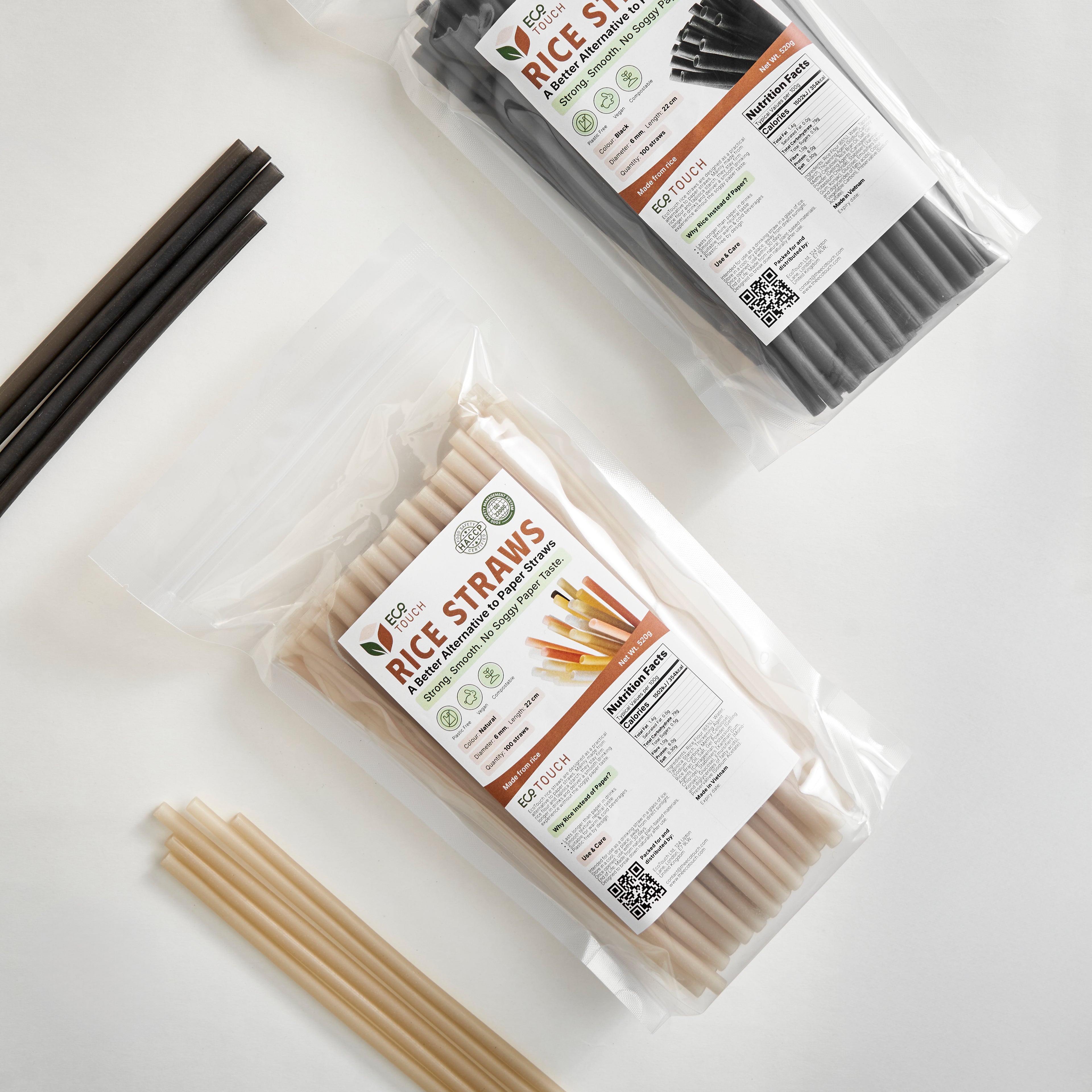 EcoTouch Natural Rice Straws — 6mm × 22cm (100 Pack)