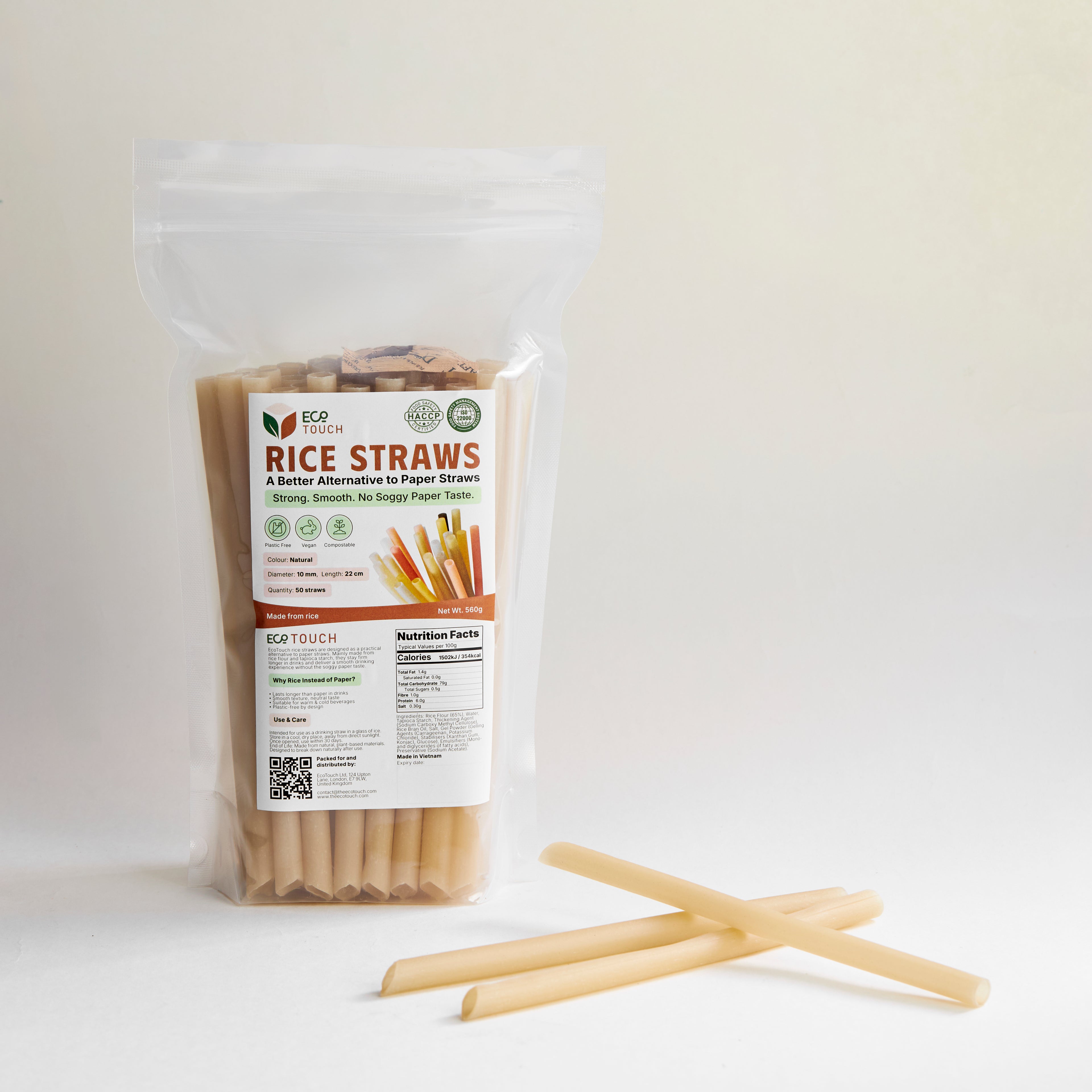 EcoTouch Natural Rice Straws — 10mm × 22cm (50 Pack)