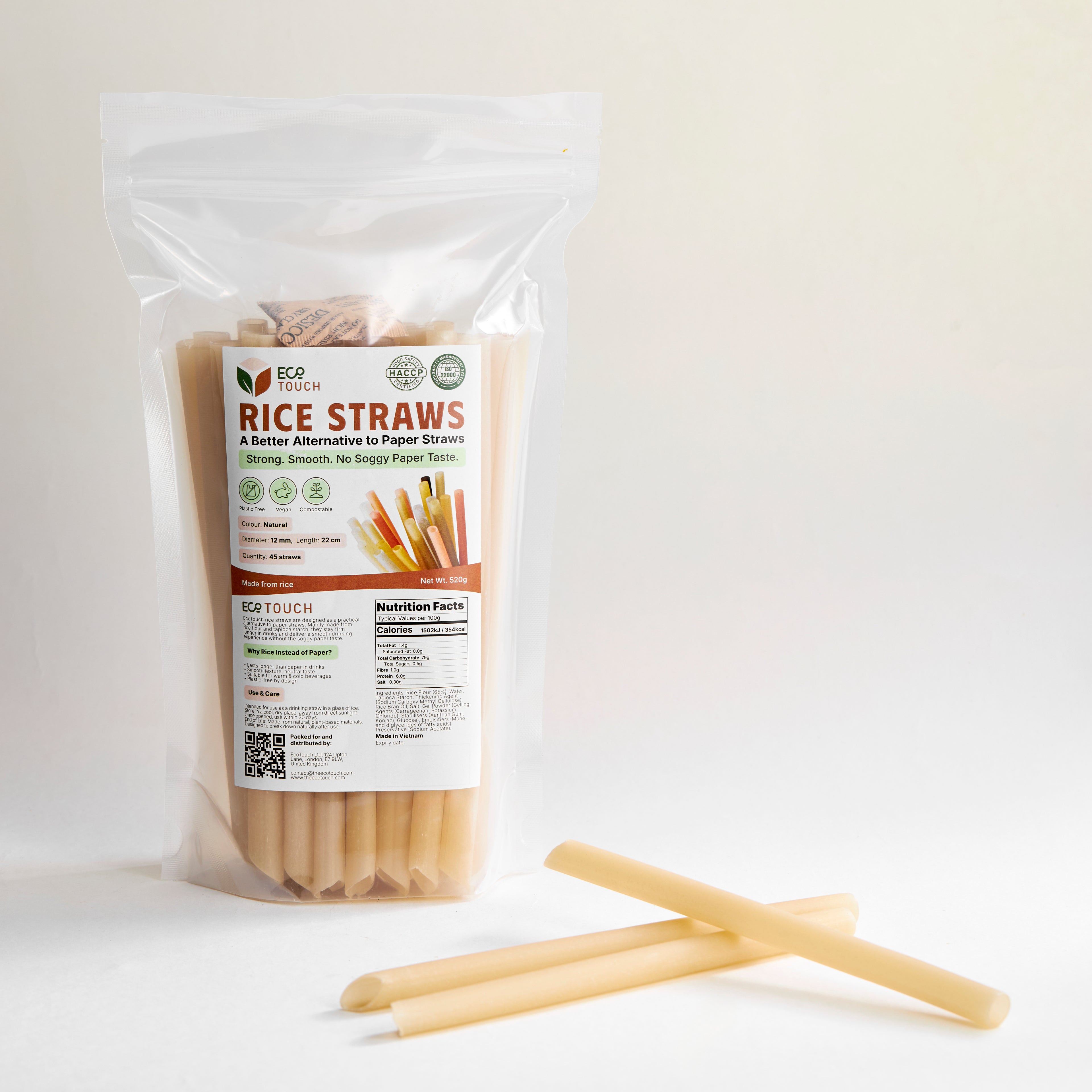 EcoTouch Natural Rice Straws — 12mm × 22cm (45 Pack)