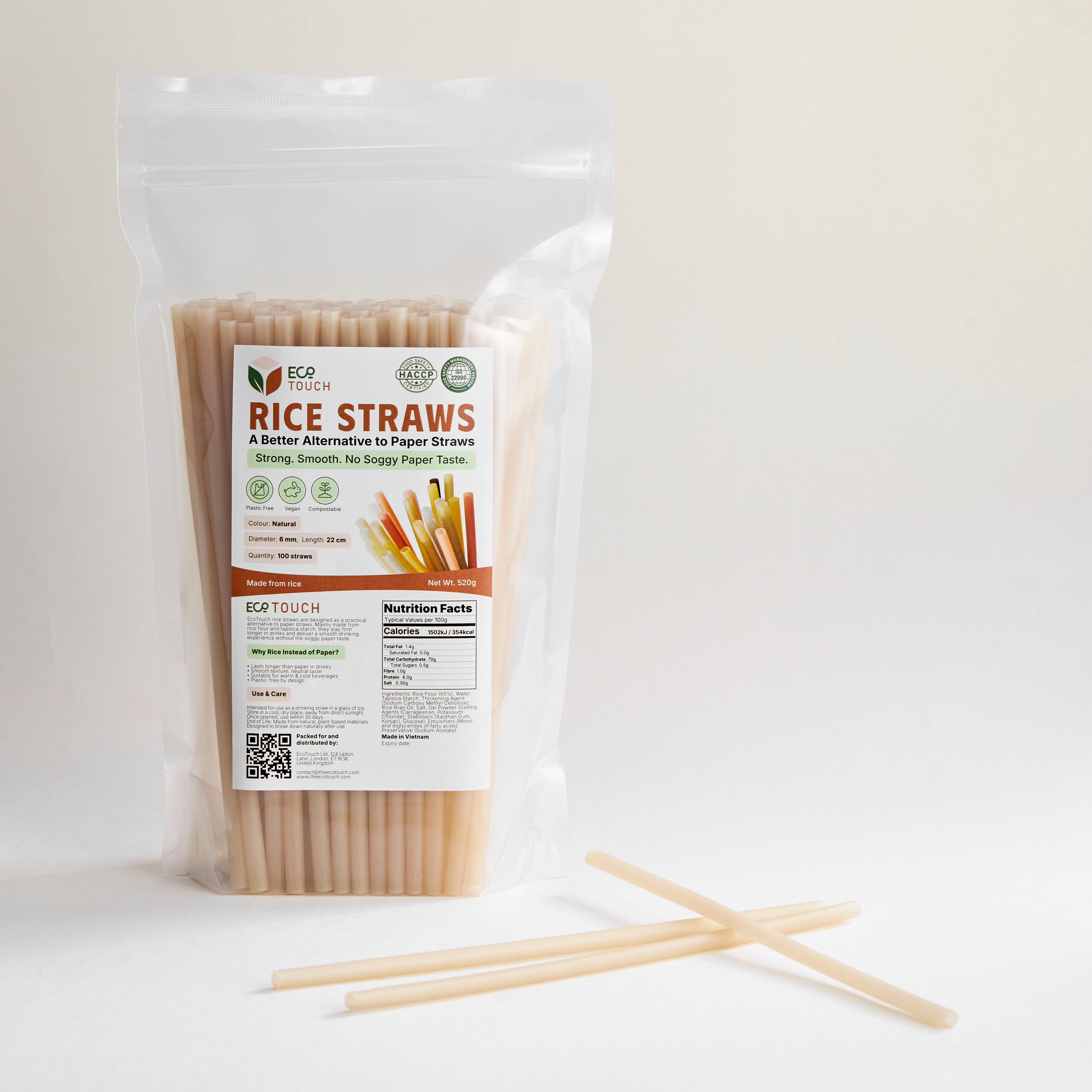 EcoTouch Natural Rice Straws — 6mm × 22cm (100 Pack)