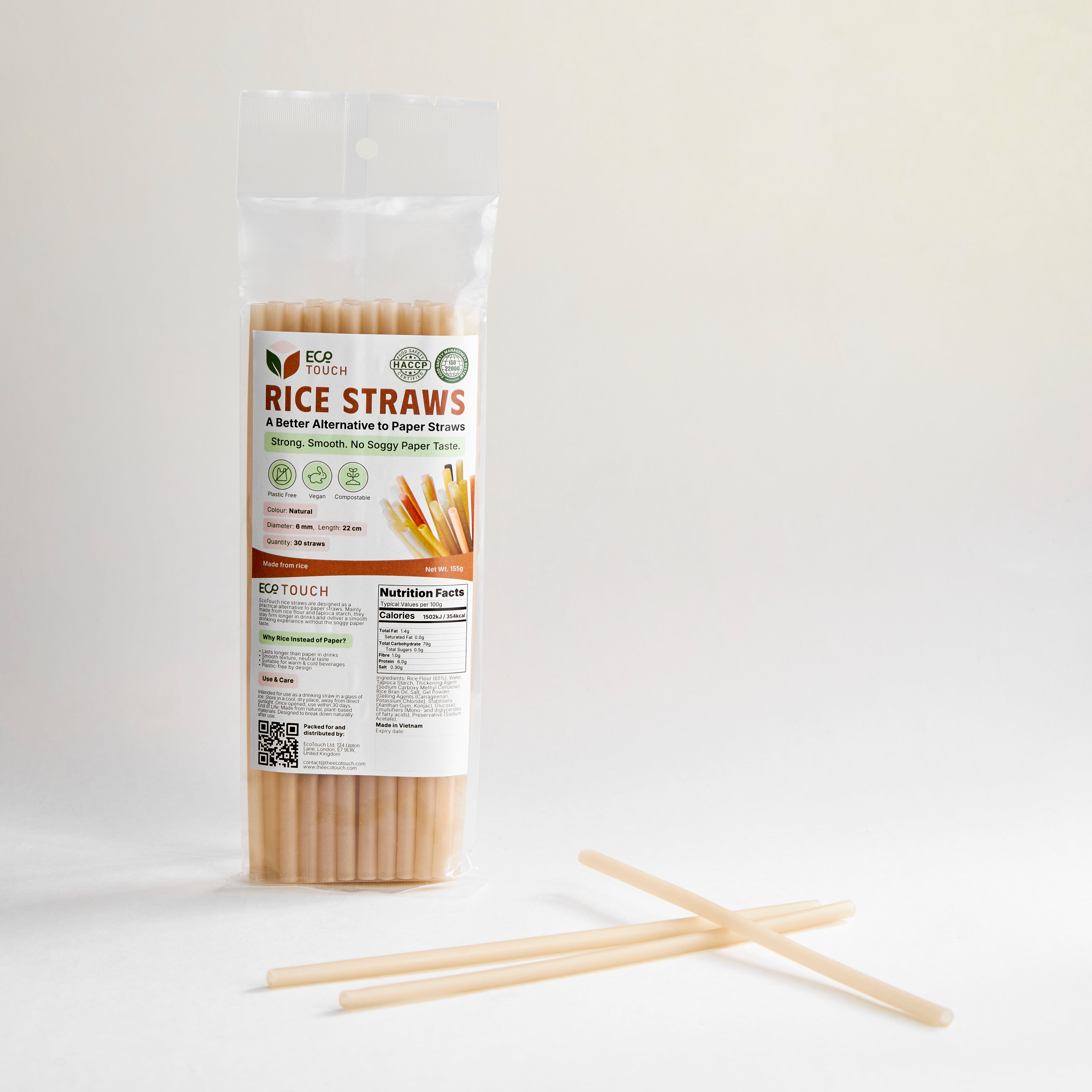 EcoTouch Natural Rice Straws — 6mm × 22cm (30 Pack)