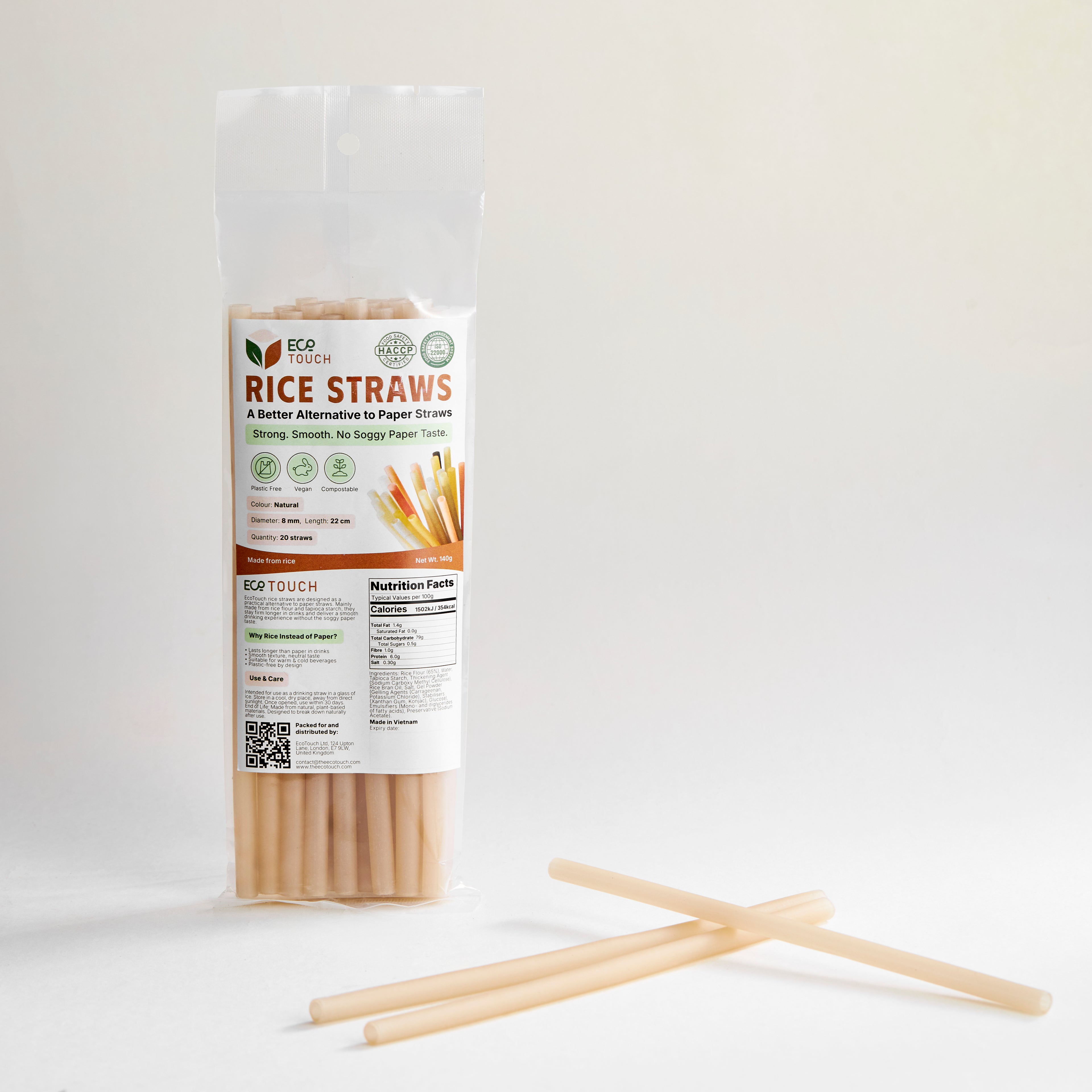 EcoTouch Natural Rice Straws — 8mm × 22cm (20 Pack)
