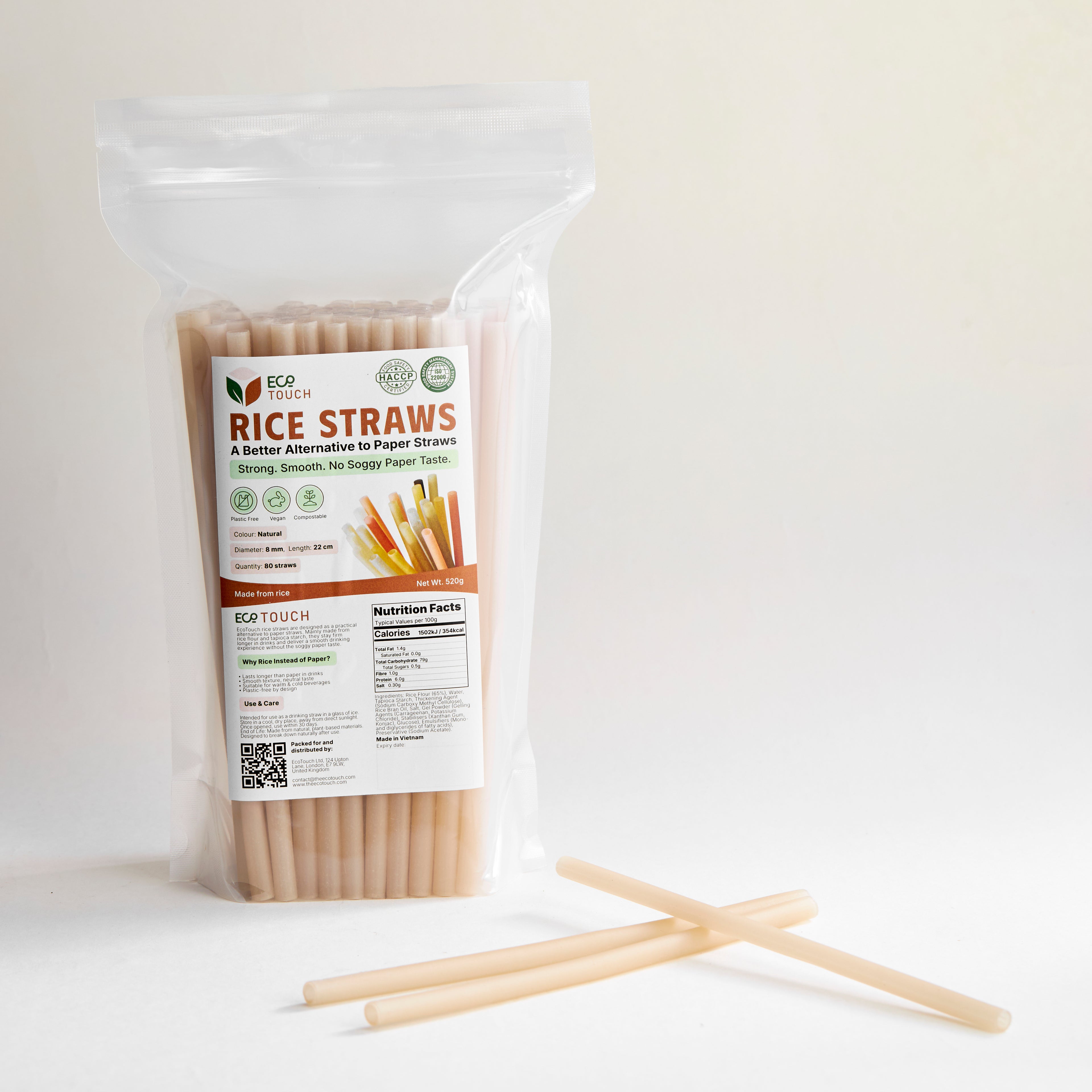 EcoTouch Natural Rice Straws — 8mm × 22cm (80 Pack)