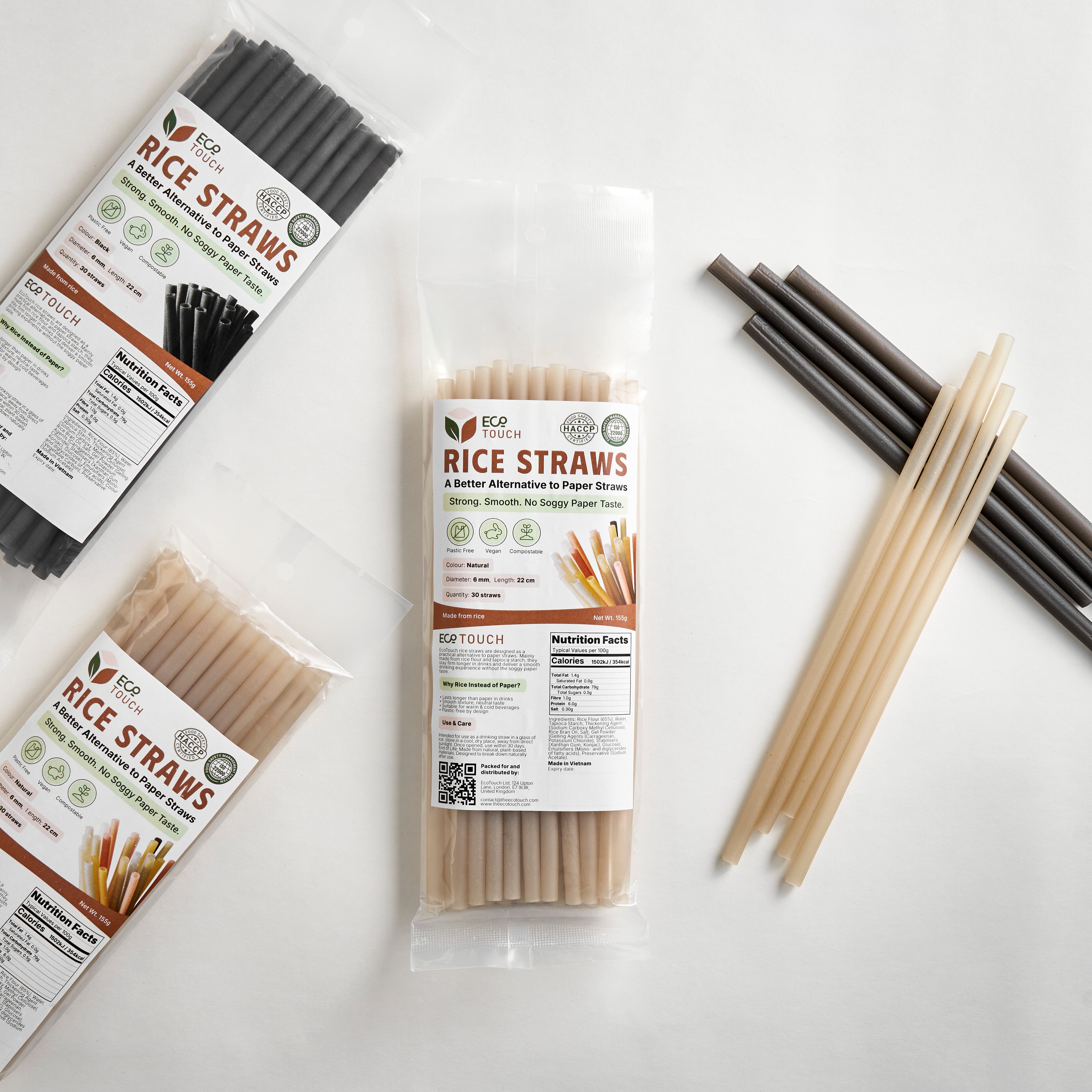 EcoTouch Black Rice Straws — 8mm × 22cm (20 Pack)